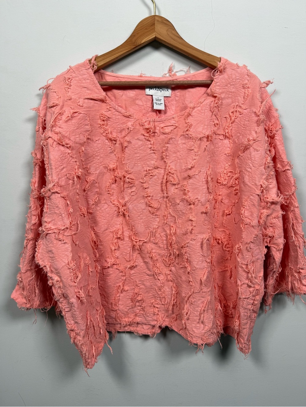 Peck & Peck Frayed Linen Blend Boxy Boho Top Coral Pink Size L Great Condition